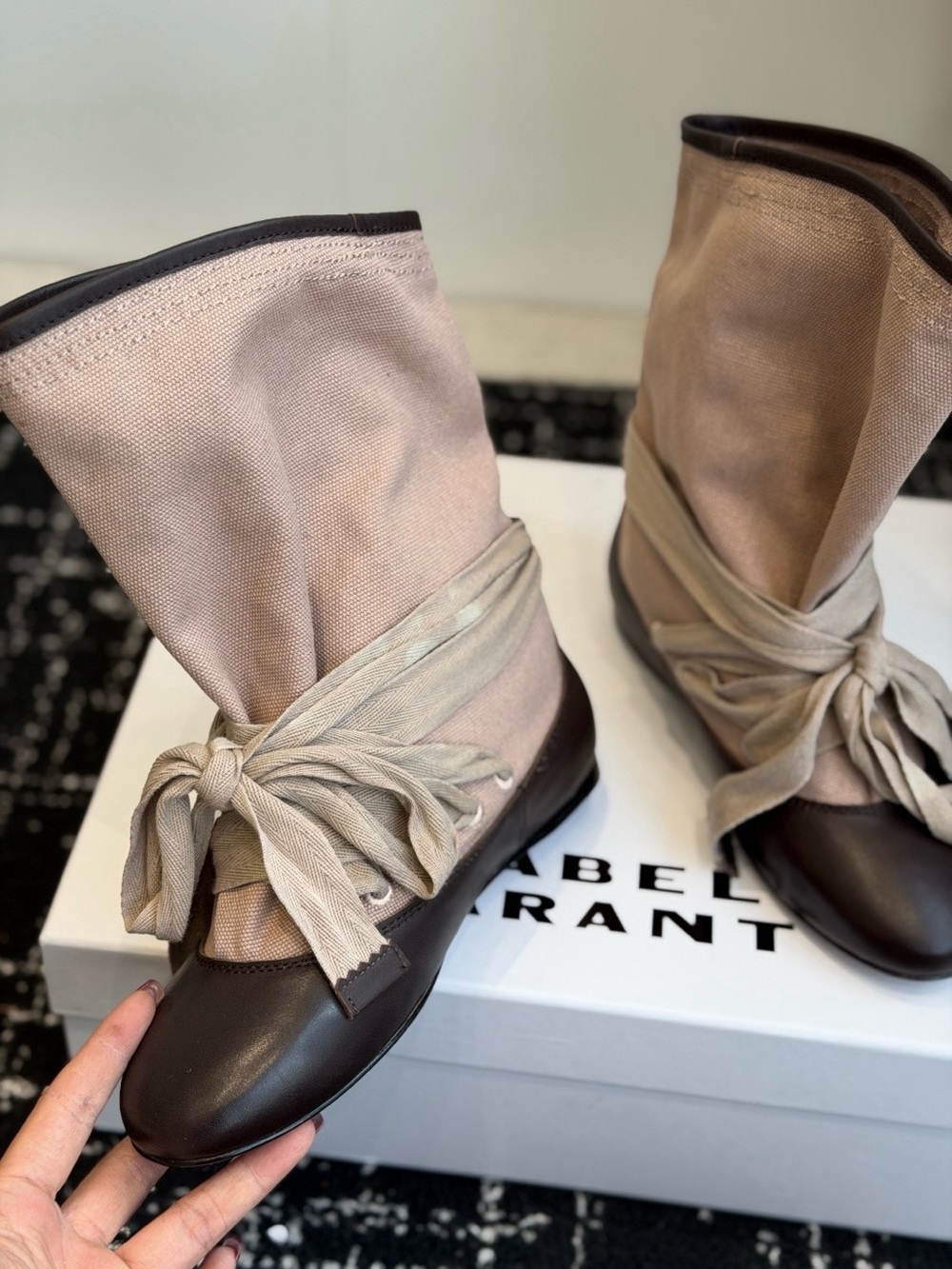 Isabel Marant Two-Tone Beige Canvas and Dark Brown Leather Ankle Wrap Boots - Picture 3 of 8